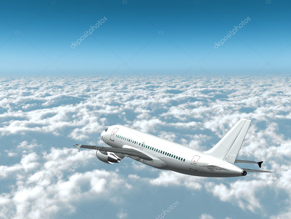 Airplane in the sky - Passenger aircraft in flight over the clouds side rear view