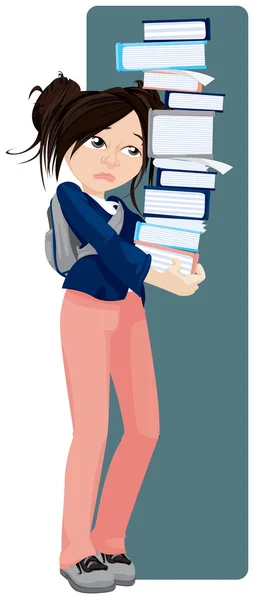 Smutná dívka drží věž knih — Stock fotografie