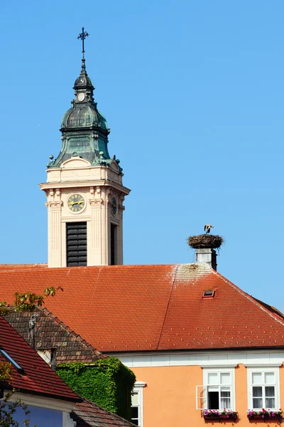 Cigüeña en un nido, torre de iglesia —  Fotos de Stock