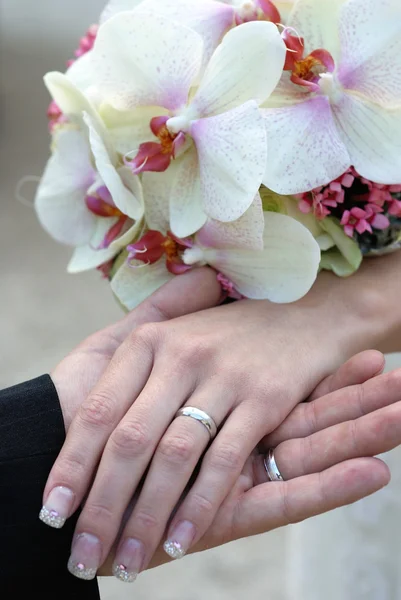Bukiet storczyków ślubne i ręce — Zdjęcie stockowe
