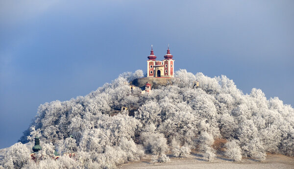 Calvary in Banska Stiavnica with winter hoarfrost on the trees