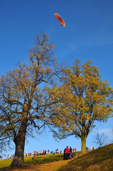 Moto parapente en los árboles de otoño en el país — Foto de Stock