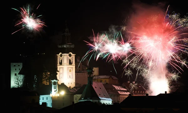 Silvester fireworks in Banska Stiavnica — Stock Photo, Image