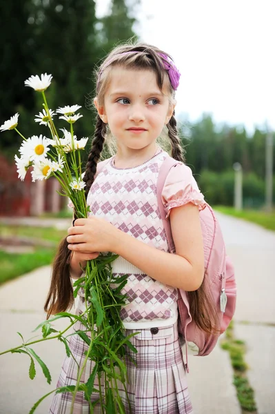 Fiatal lány a rózsaszín hátizsák iskolai készen — Stock Fotó