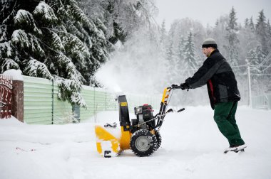 A man operating snow blower in winter clipart