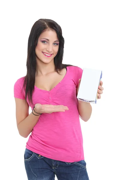 Young brunette showing a product — Stock Photo, Image
