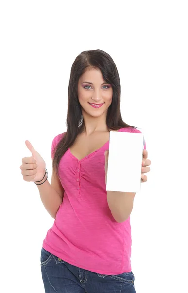 Young teenager thumbs up with a product — Stock Photo, Image