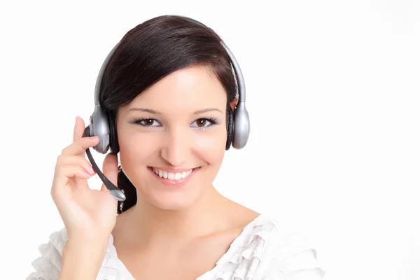 Técnicas de apoyo sonrientes mujeres con auriculares —  Fotos de Stock