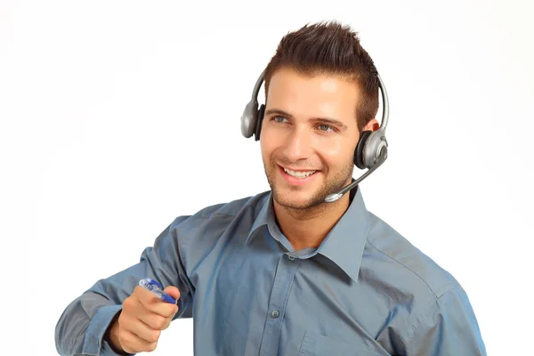 Happy support technician with a pen — Stock Photo, Image