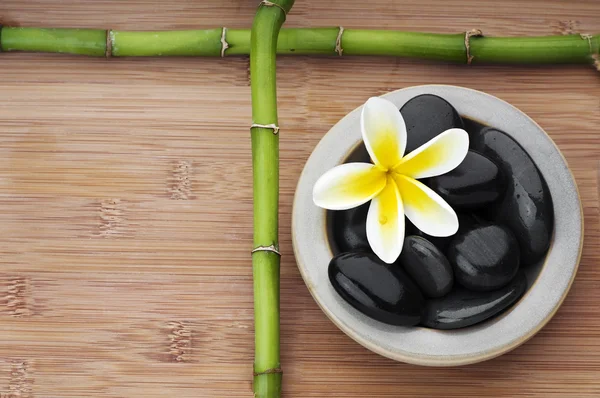 Wellness-Stillleben Hintergrund, mit Blume, Bambus und Massagestein Stockbild