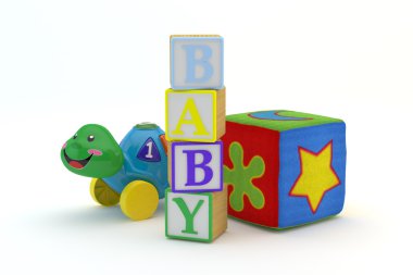 Wood toy blocks spelling baby with baby toys in background clipart