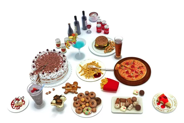 Concept food pyramid of unhealthy food groups — Stock Photo, Image