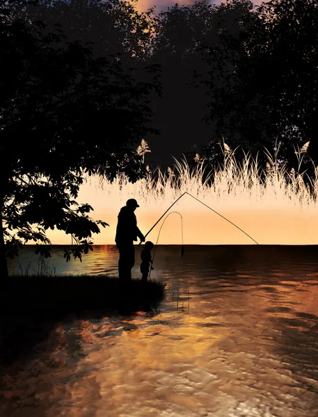 Отец и сын рыбачат на озере — стоковое фото