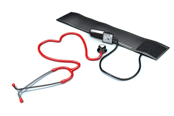 Estetoscópio em forma de coração vermelho com conceito de manguito de pressão arterial — Fotografia de Stock