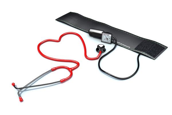 Red heart shaped stethoscope with blood pressure cuff concept