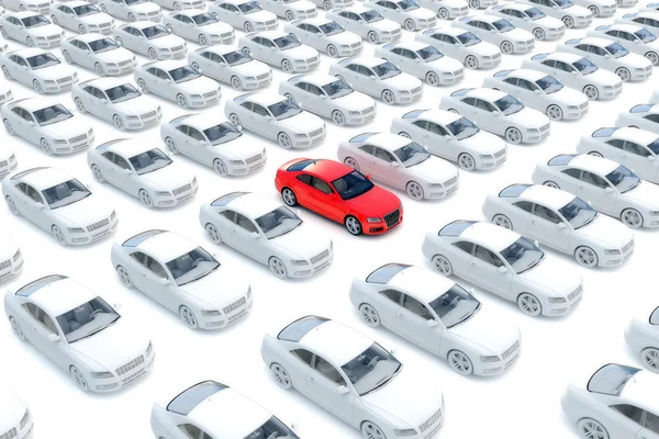 En röd bil med hundratals vita — Stockfoto