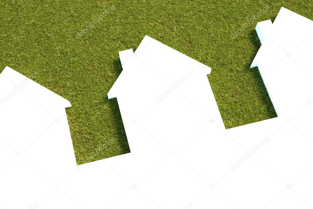 White houses with a lawn grass background