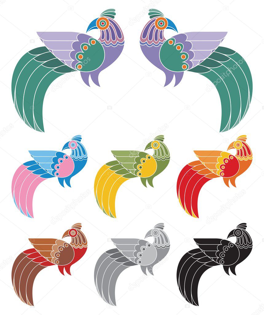 You can place a title or other text between those two decorative birds. Below them are some variations in different colors. No transparency and gradients used.