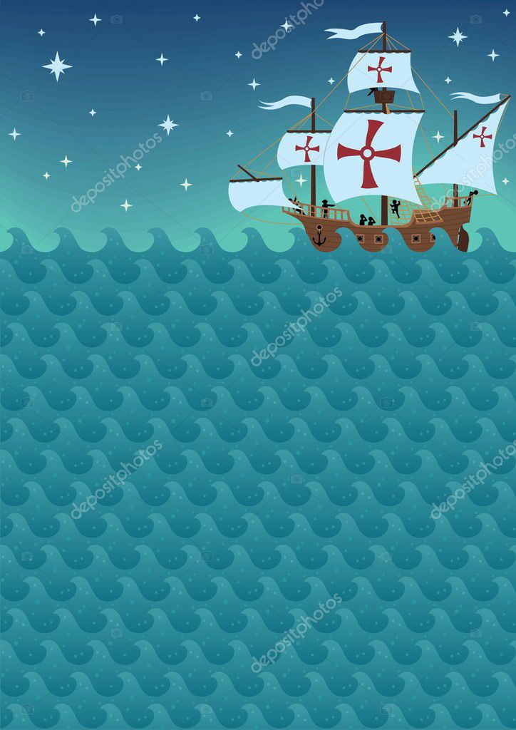 Background with sea waves and a ship. You can remove the crosses or replace them with a logo. The picture is also a pattern. You can multiply it horizontally.