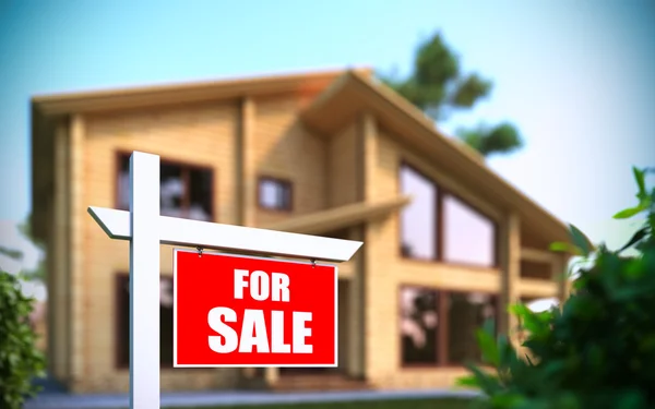 "Domů na prodej "nápis před novým domem — Stock fotografie