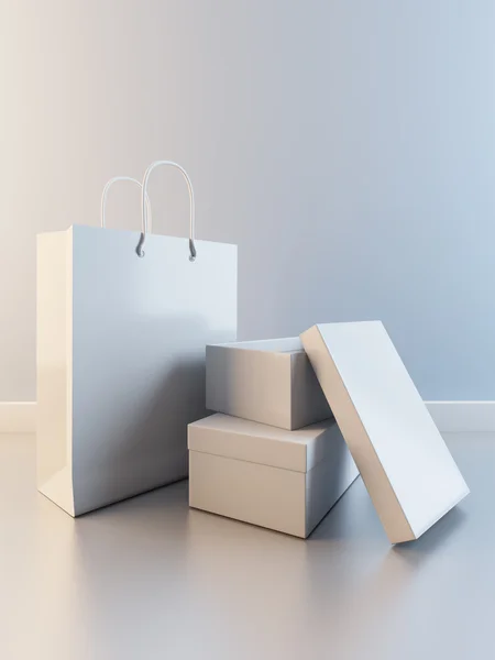 Paper bag and boxes for shoes — Stock Photo, Image