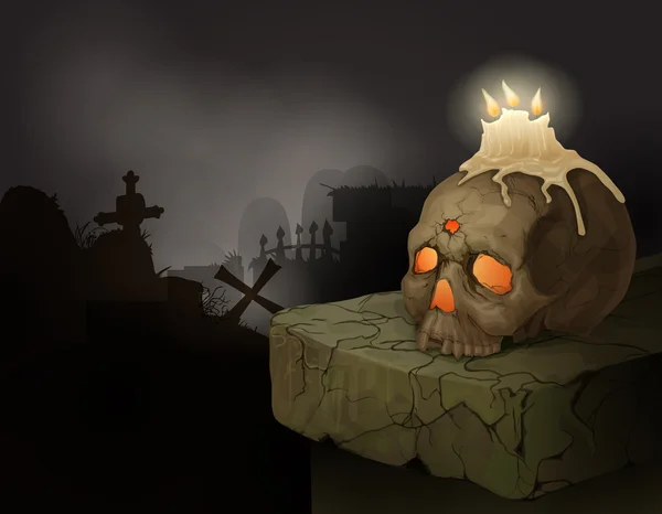 Crâne humain, bougies et cimetière — Image vectorielle