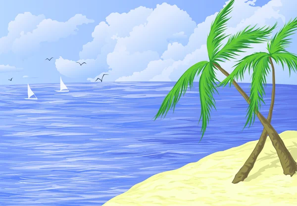 Playa tropical con dos palmeras — Vector de stock