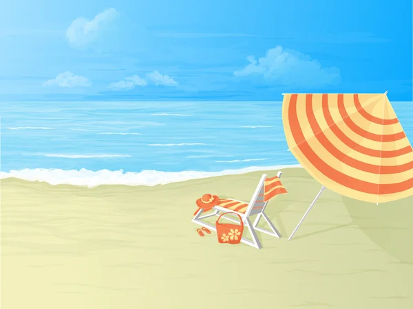 熱帯のビーチ、デッキチェアと傘 — ストックベクタ