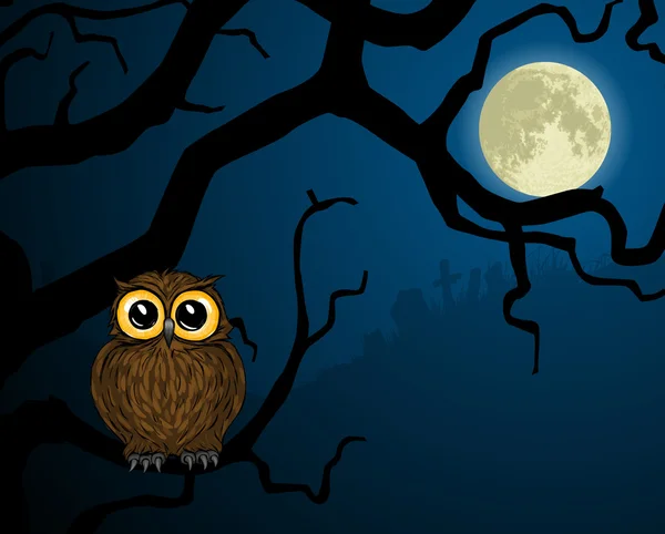 Little owl on branch and full moon — Stock Vector