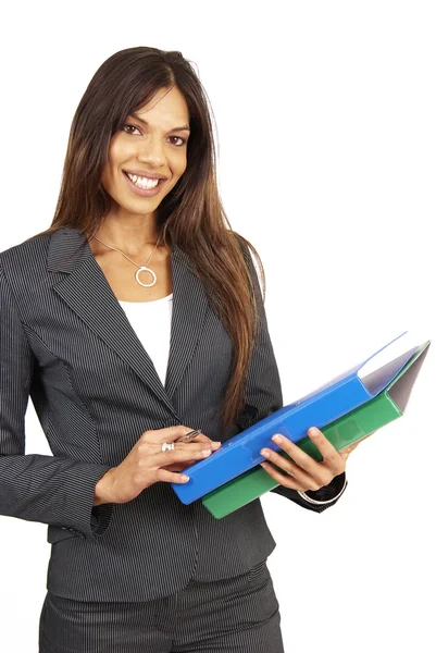 Beautiful brunette woman holding files — Stock Photo, Image