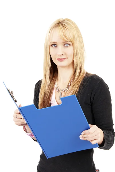 Beautiful blonde woman holding her clipboard — Stock Photo, Image