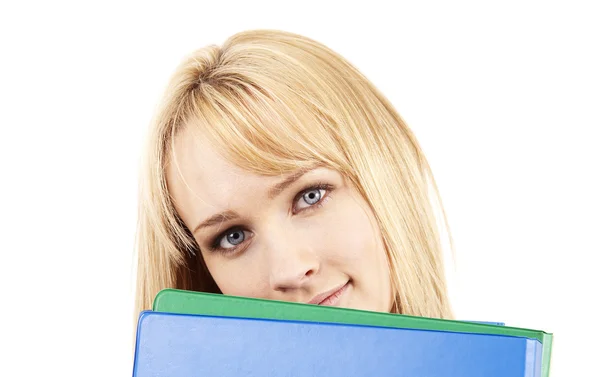 Beautiful blonde woman holding some files — Stock Photo, Image