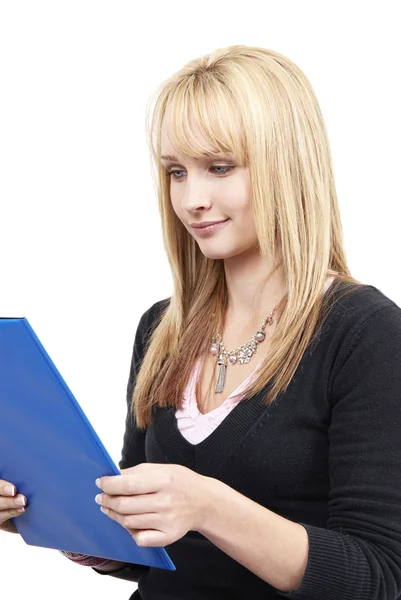 Beautiful blonde woman holding her clipboard — Stock Photo, Image