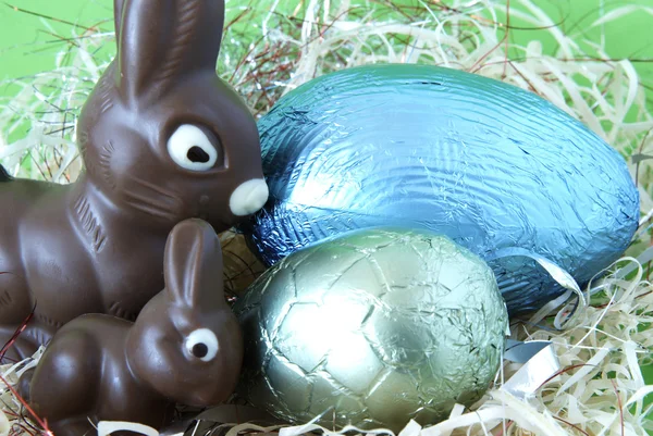 stock image Easter bunny's and eggs lying in straw