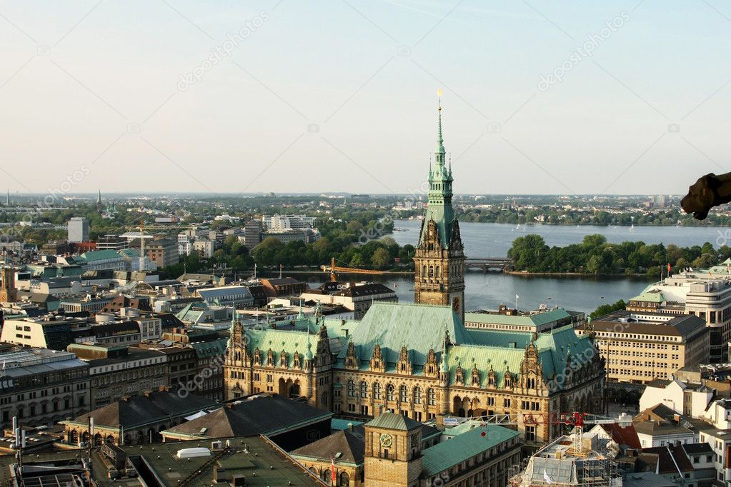 Hamburg. A kind on a city, the City town hall and lake Alster