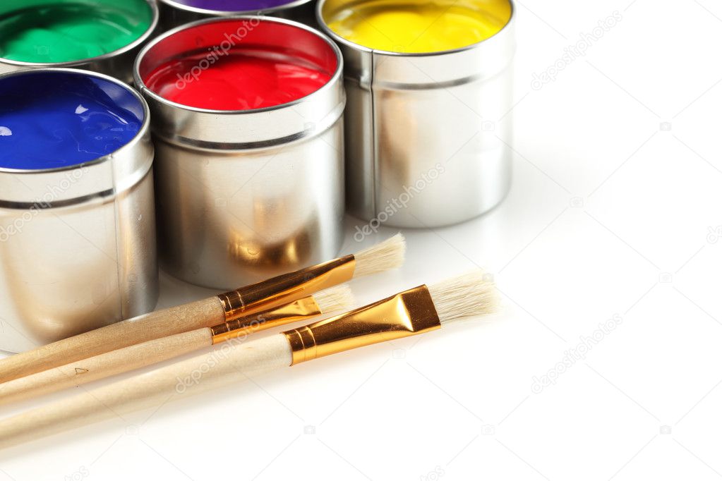 Cans of paint with paintbrushes