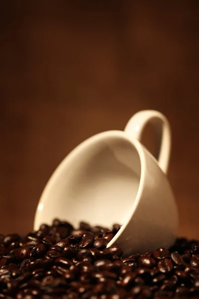 ถ้วยกาแฟบนถั่วกาแฟคั่ว — ภาพถ่ายสต็อก