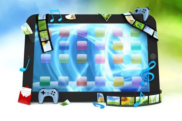 Tablet computer with movies, music, and games — Stock Photo, Image