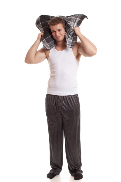 Man in pyjama. studio opname over Wit. — Stockfoto
