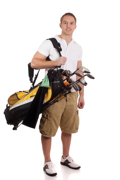 Unga manliga golfspelare. Studio skott över vita. — Stockfoto