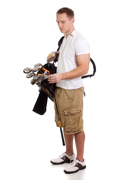 Jonge mannelijke golfspeler. studio opname over Wit. — Stockfoto