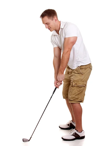 Unga manliga golfspelare. Studio skott över vita. — Stockfoto