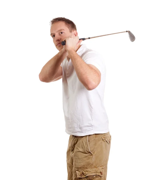 若い男性のゴルファー。白にわたって撮影スタジオ. — ストック写真