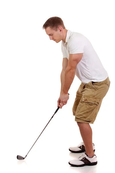 Jovem jogador de golfe masculino. Estúdio tiro sobre branco . — Fotografia de Stock