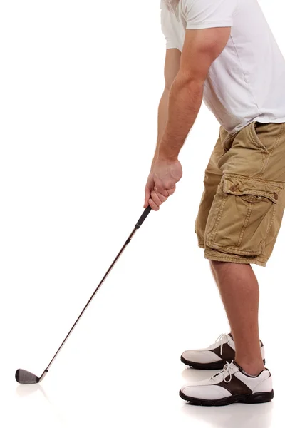 Młody mężczyzna golfa. łapka na biały. — Zdjęcie stockowe