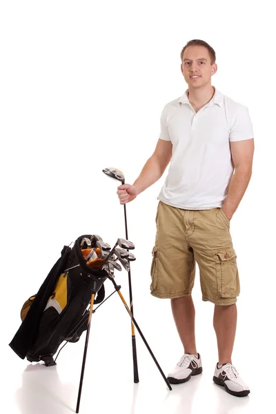 Jovem jogador de golfe masculino. Estúdio tiro sobre branco . — Fotografia de Stock