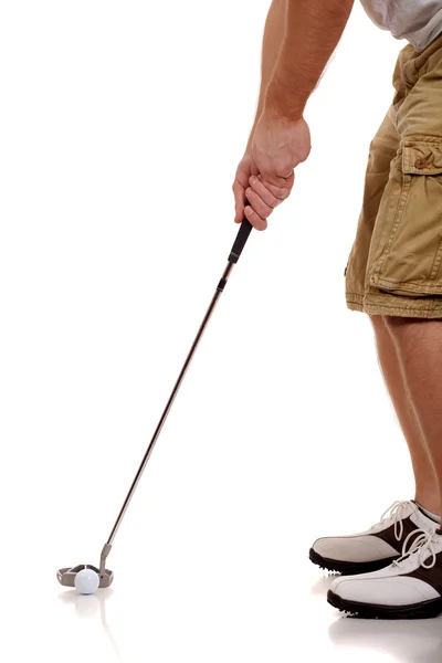 stock image Young male golfer. Studio shot over white.