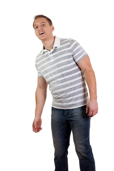 스트라이프 셔츠와 청바지에서 젊은 남자. 흰색 위에 촬영 스튜디오. — 스톡 사진