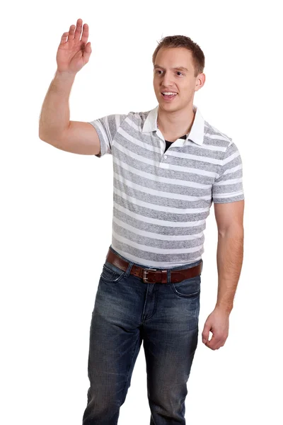 Jonge man in striped shirt en spijkerbroek. studio opname over Wit. — Stockfoto