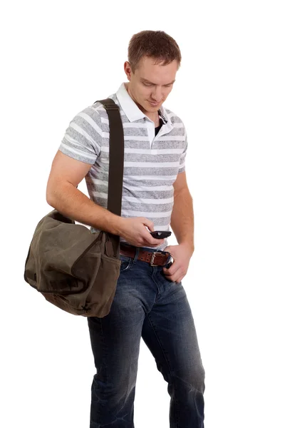 Młody mężczyzna z telefonu komórkowego. łapka na biały. — Zdjęcie stockowe